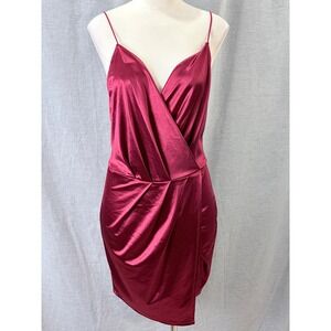 Fashion Nova Always a Flirt Burgundy Red Satin Strappy Back Bodycon Dress L NWT